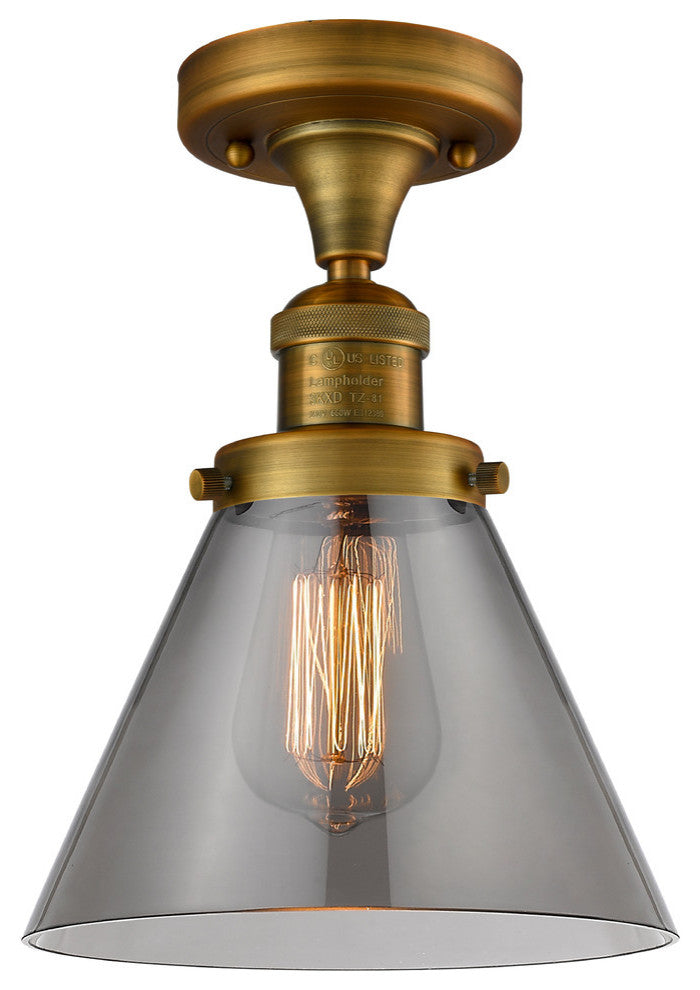 1-Light Large Cone 8" Semi-Flush Mount, Brushed Brass, Glass: Smoked