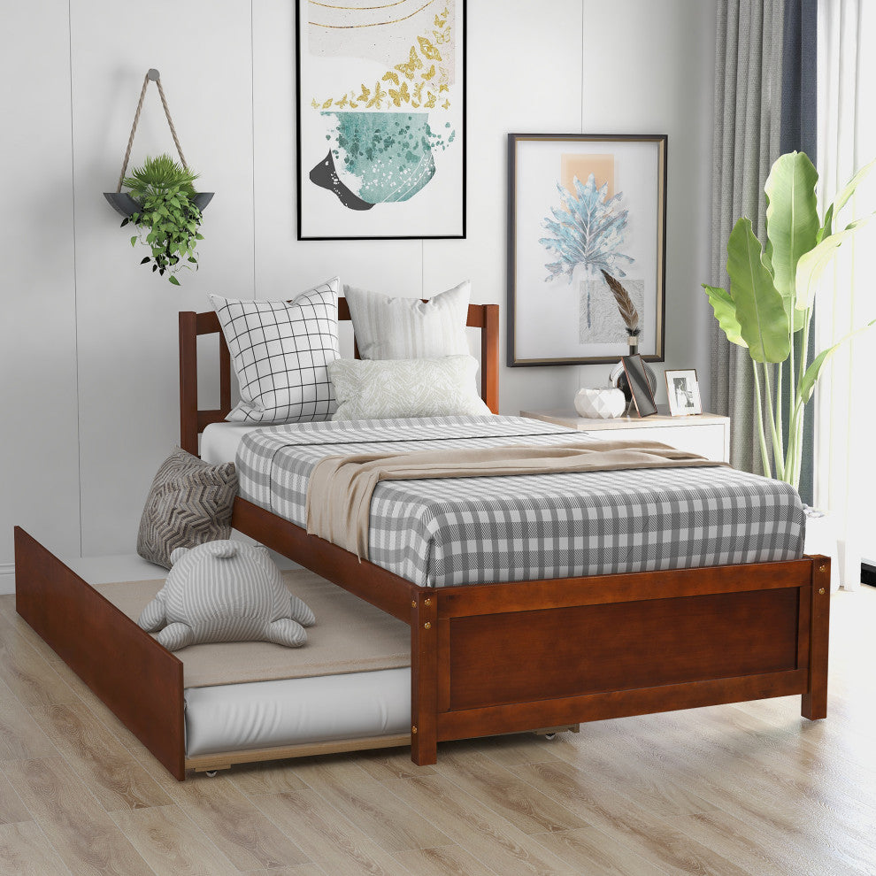 TATEUS Twin Platform Bed With Trundle, Wood Bed Frame With Headboard, Walnut