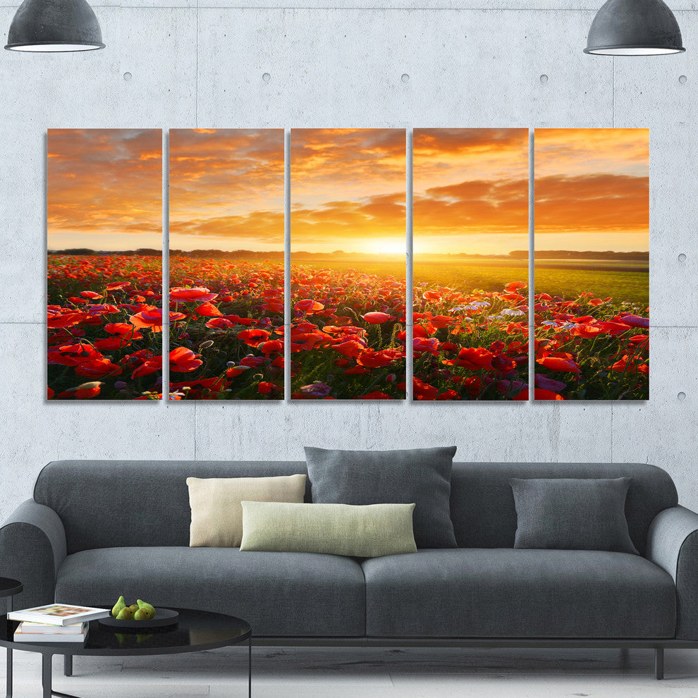 Beautiful Poppy Field at Sunset, Abstract Wall Art Canvas, 60"x28", 5 Panels