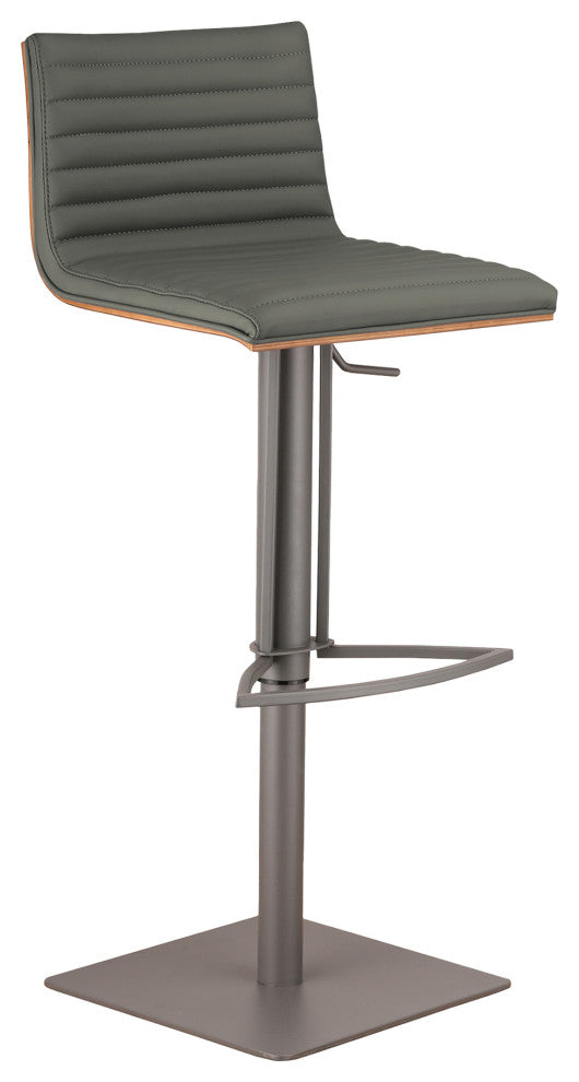 Cafe Adjustable PU Bar Stool With Walnut Back, Seat: Gray, Base: Gray Metal