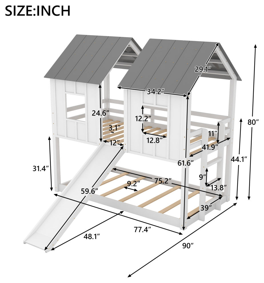 Gewnee Wood Twin Over Twin Bunk Bed House Bed in White