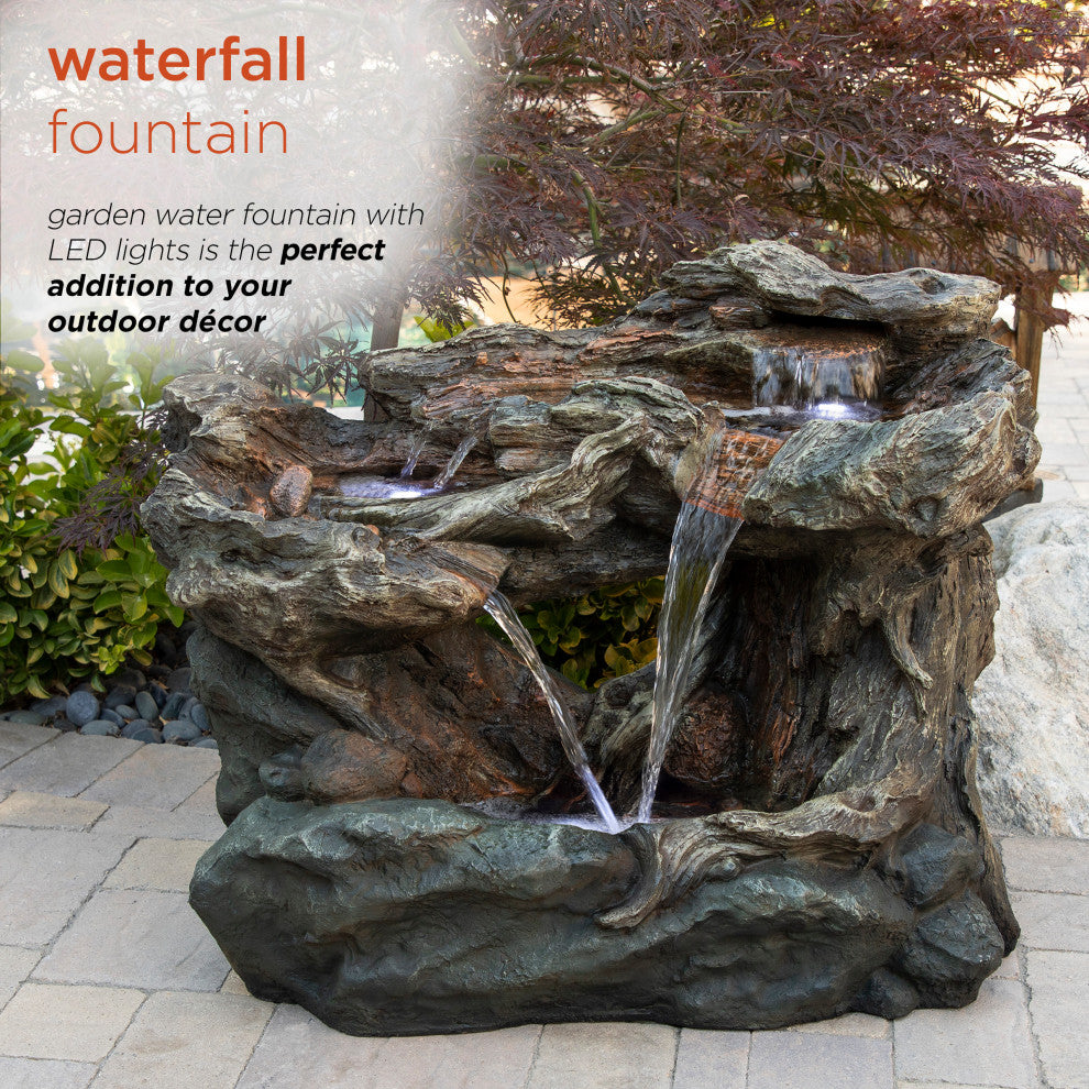 30" Outdoor 3-Tier Rainforest Cascading Waterfall Fountain With LED Lights