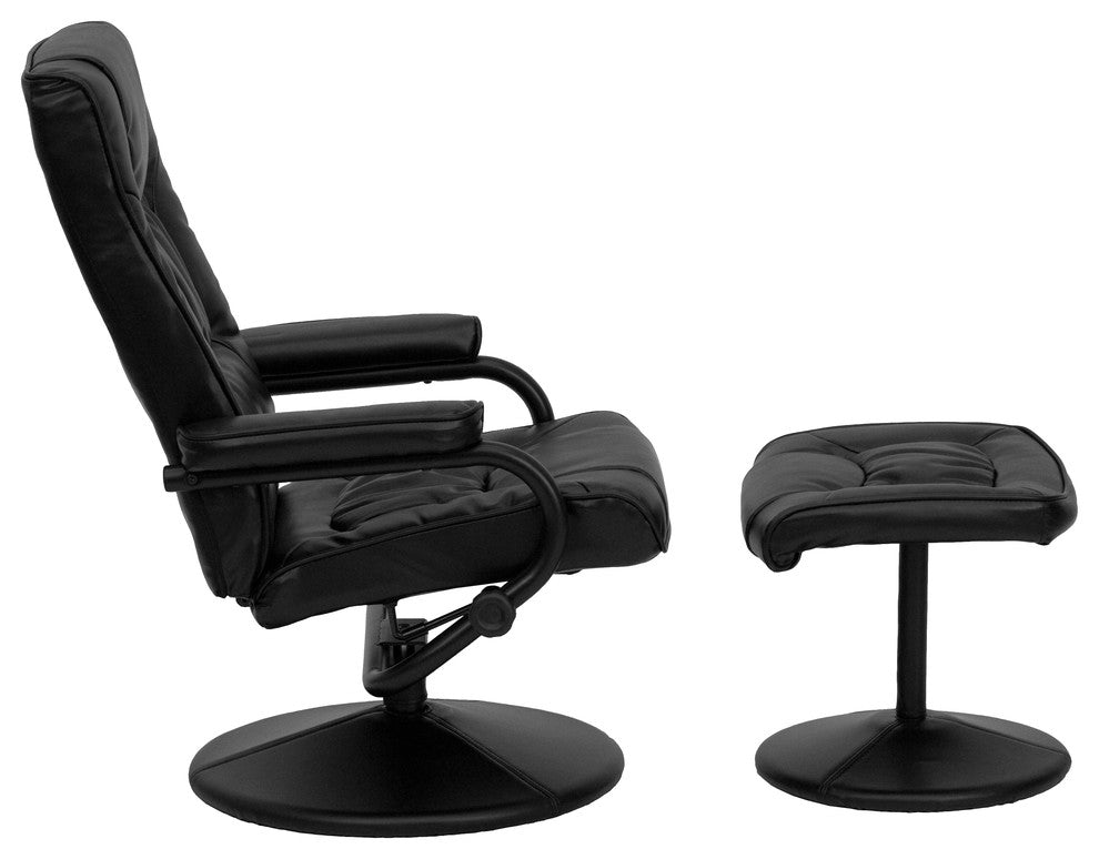 Multi-Position Recliner and Ottoman with Wrapped Base in Black LeatherSoft