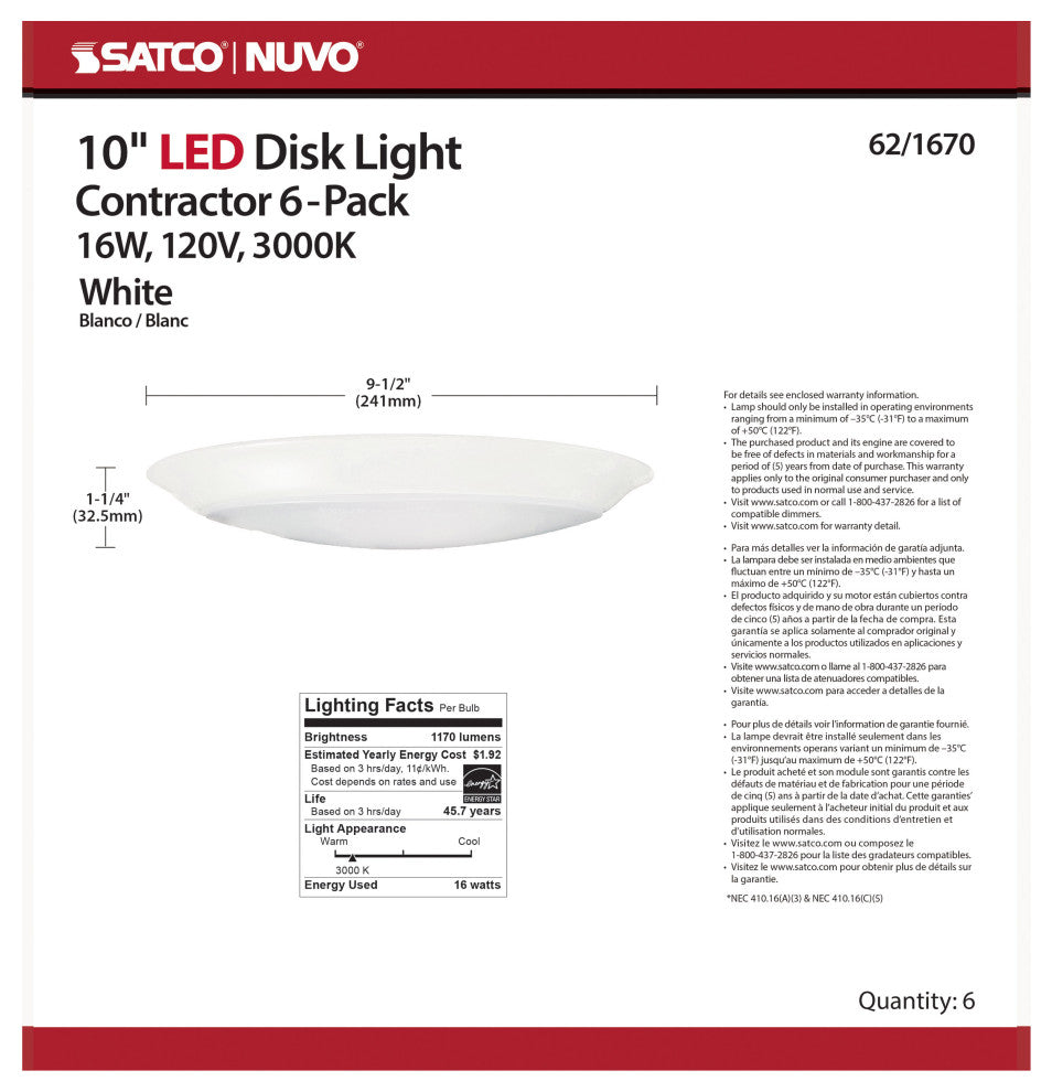 10 inch - LED Disk Light - 3000K - 6 Unit Contractor Pack - White Finish