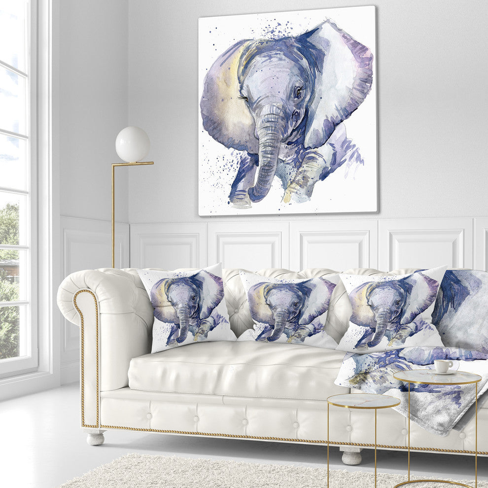 Baby Elephant Blue Watercolor Abstract Throw Pillow, 18"x18"