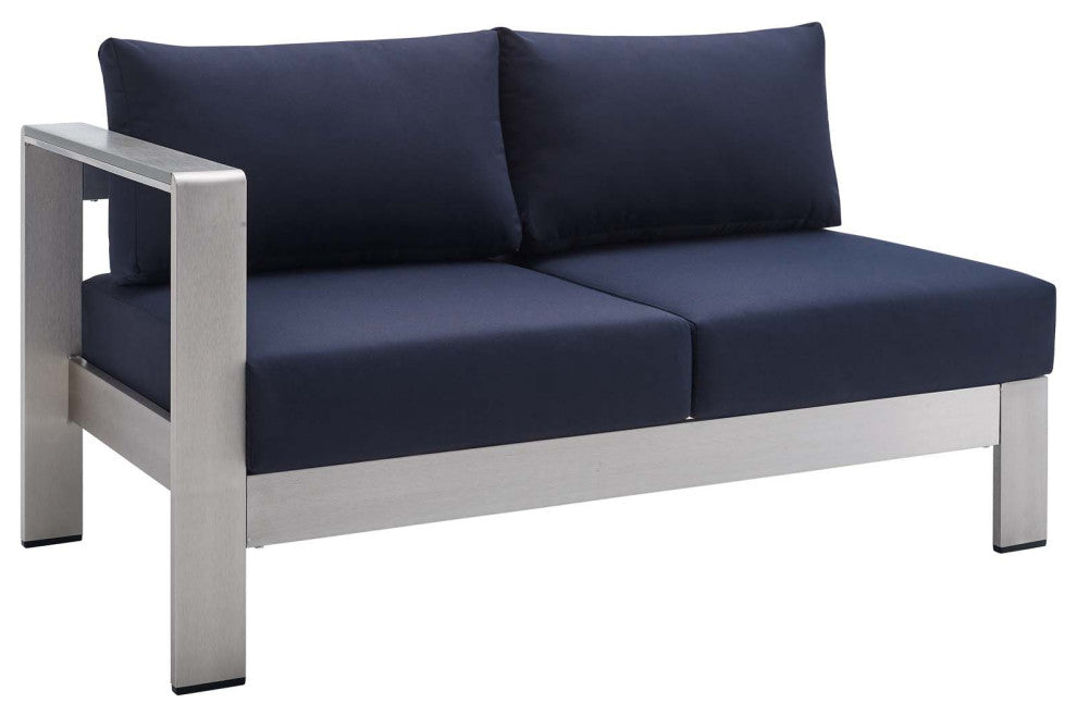 Shore Sunbrella Fabric Aluminum Outdoor Patio Left-Arm Loveseat Silver Navy