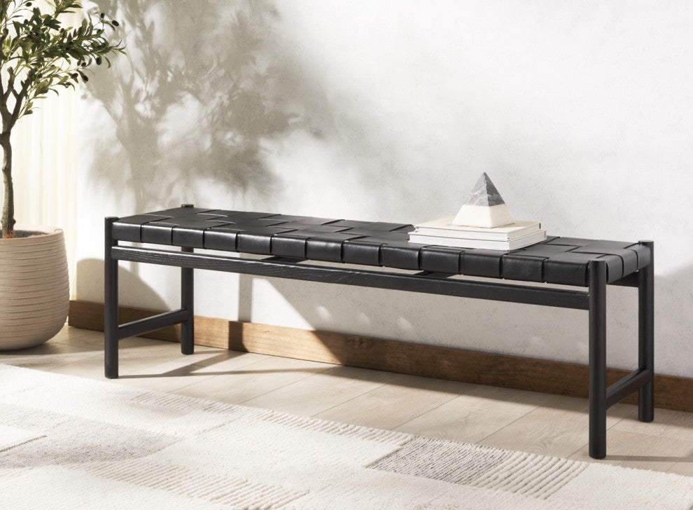 Safavieh Couture Devnie Woven Leather Bench, Black