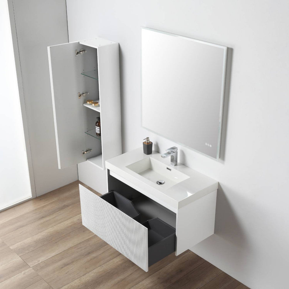 Floating Bathroom Vanity with Sink, Wall Mounted Vanity, White, 36" W/ Sink, Side Cabinet