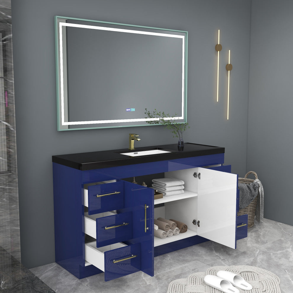 Rosa 60" Free Standing Modern Vanity, High Gloss Gray, Glossy White Top