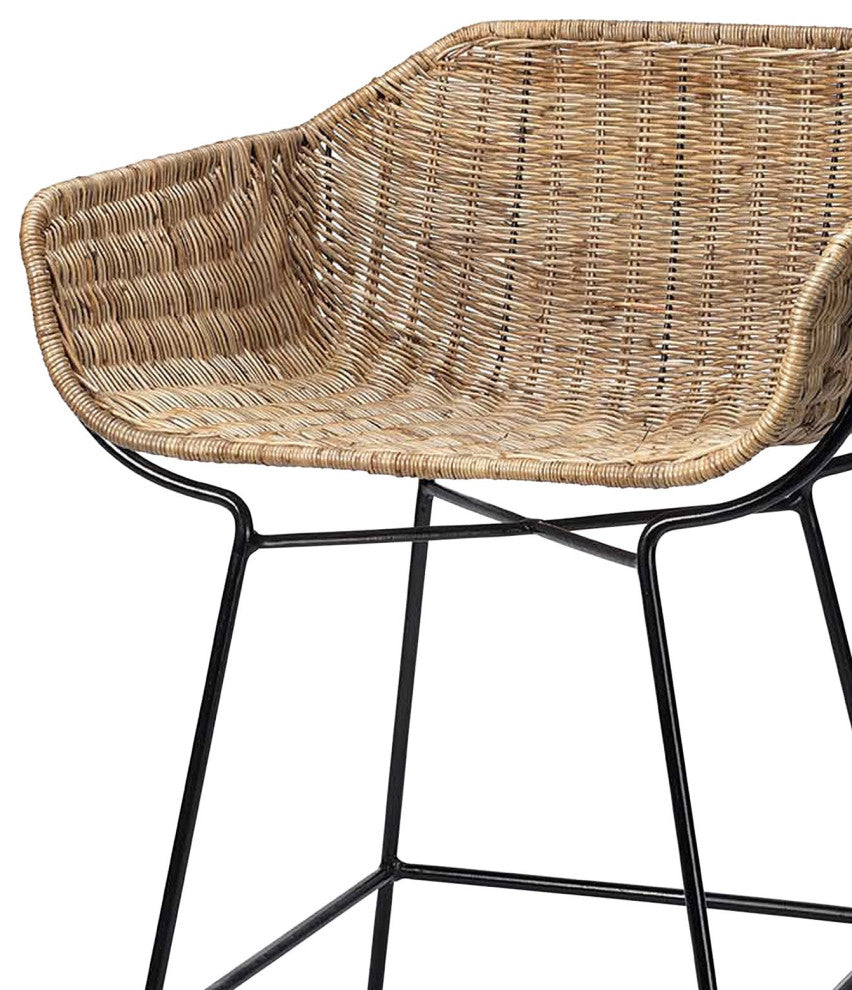 Contemporary Minimalist Natural Rattan Counter Stool Curved Seat Black Metal Leg