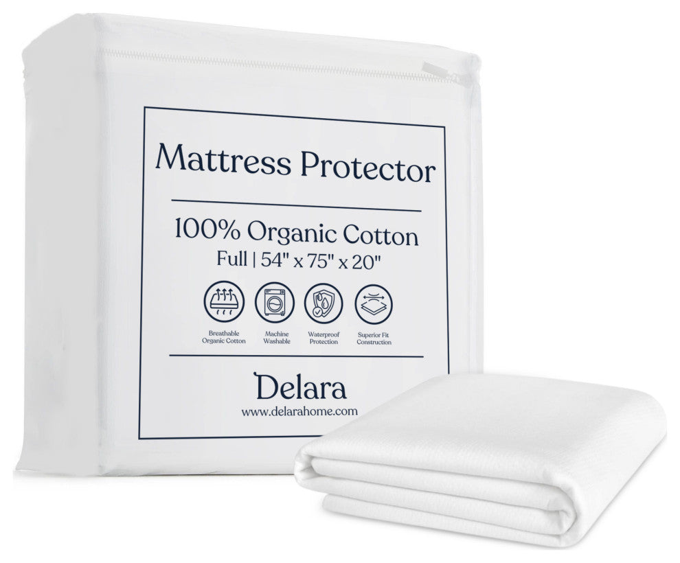 Delara Organic Cotton Waterproof Ultra Soft 300TC Mattress Protector, Full, 54"x75"