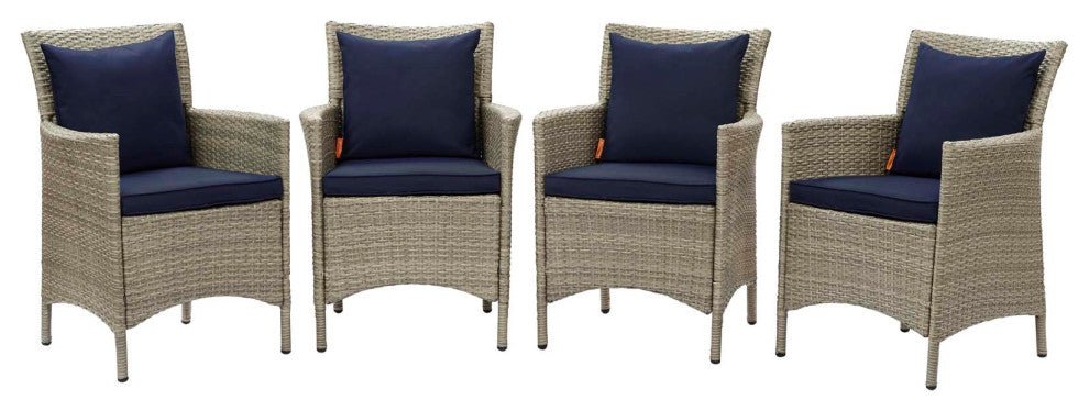 Side Dining Chair Armchair, Set of 4, Rattan, Gray Blue Navy, Outdoor