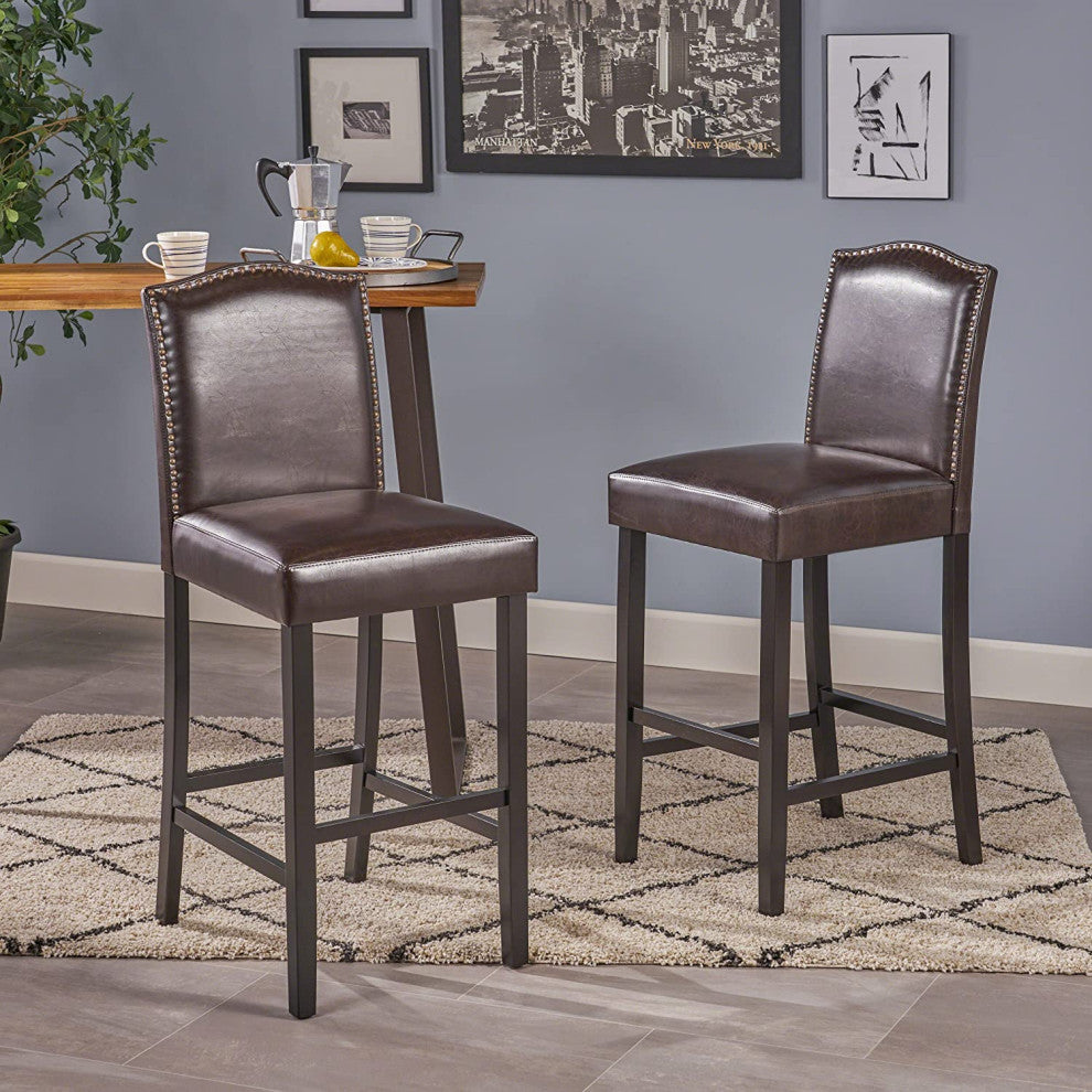 2 Pack Bar Stool, Espresso Finished Legs With Brown Faux Leather Seat & Nailhead