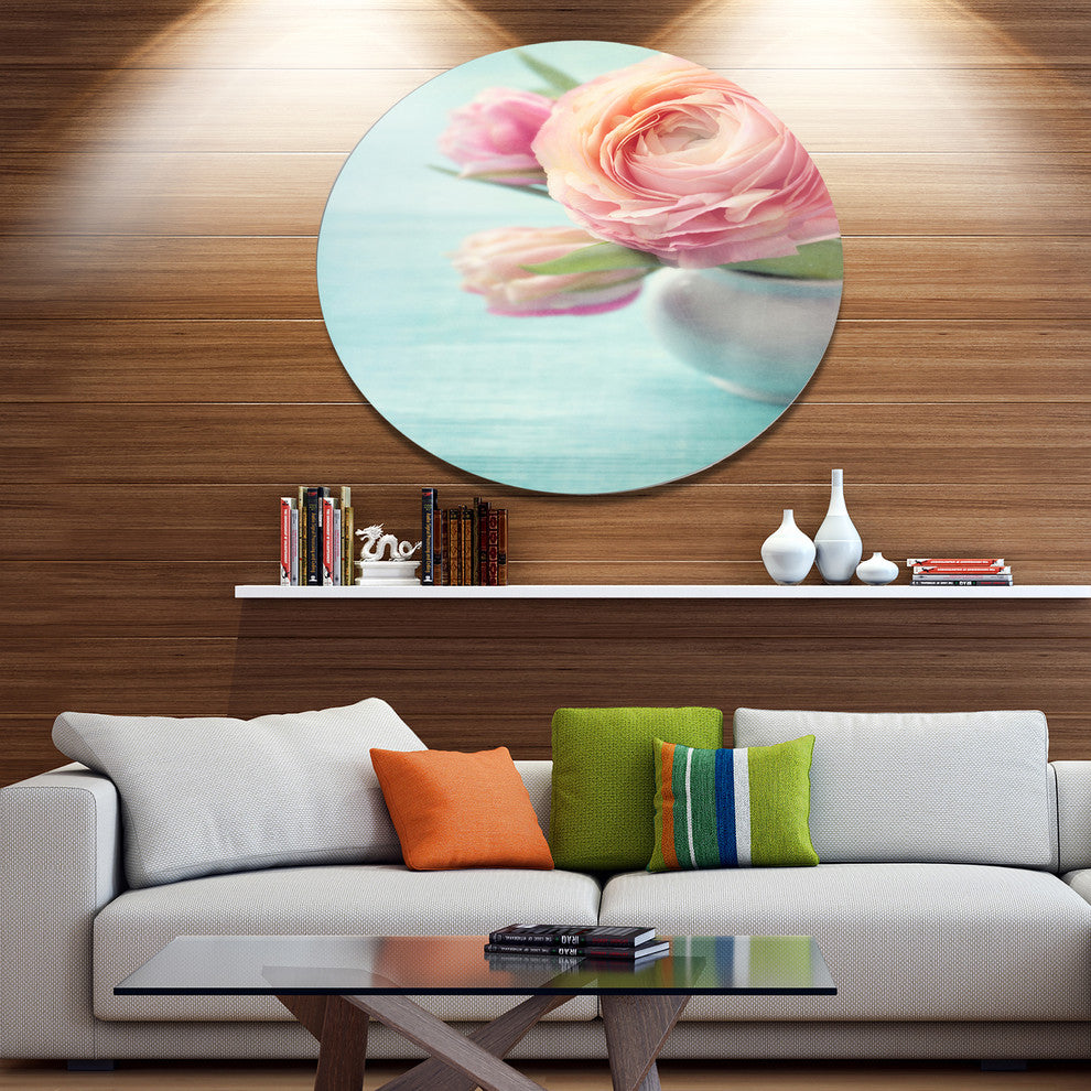 Beautiful Pink Flowers In Vase, Floral Disc Metal Artwork, 23"