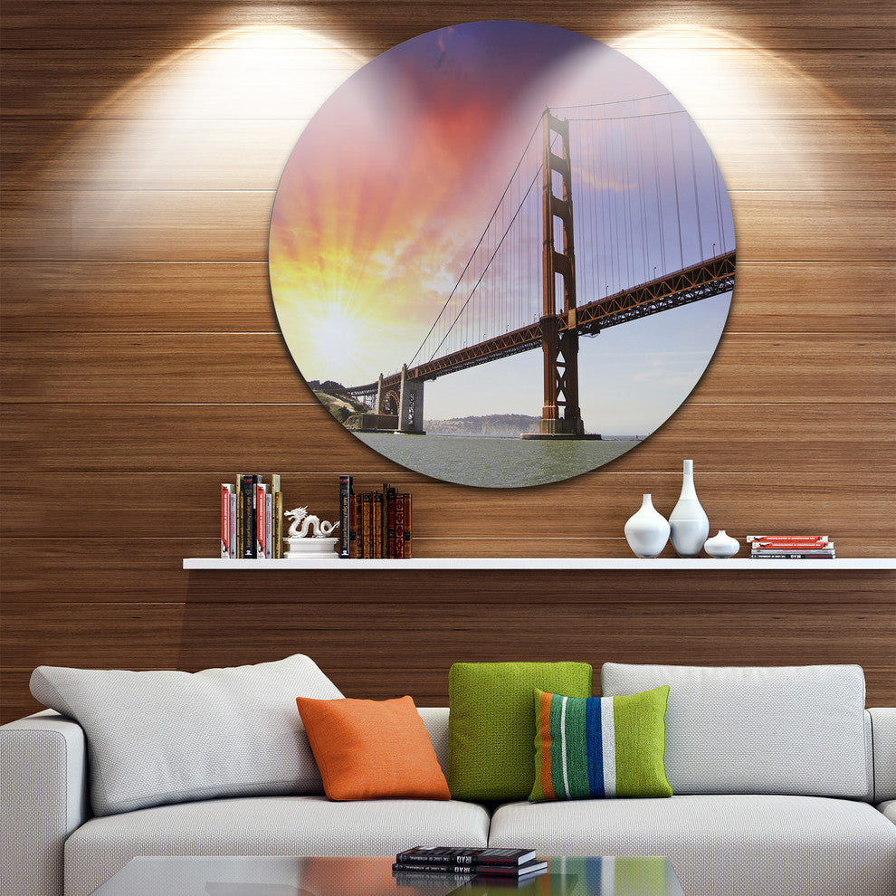 Gold Gate Bridge And Sky, Landscape Photo Round Wall Art, 23"