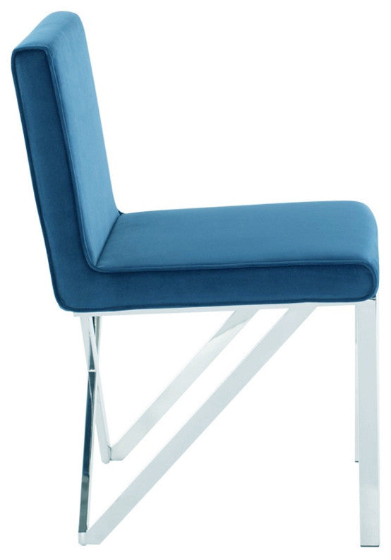 Talbot Armless Dining Chair, Armless Modern Side Chair, Blue Velour Fabric