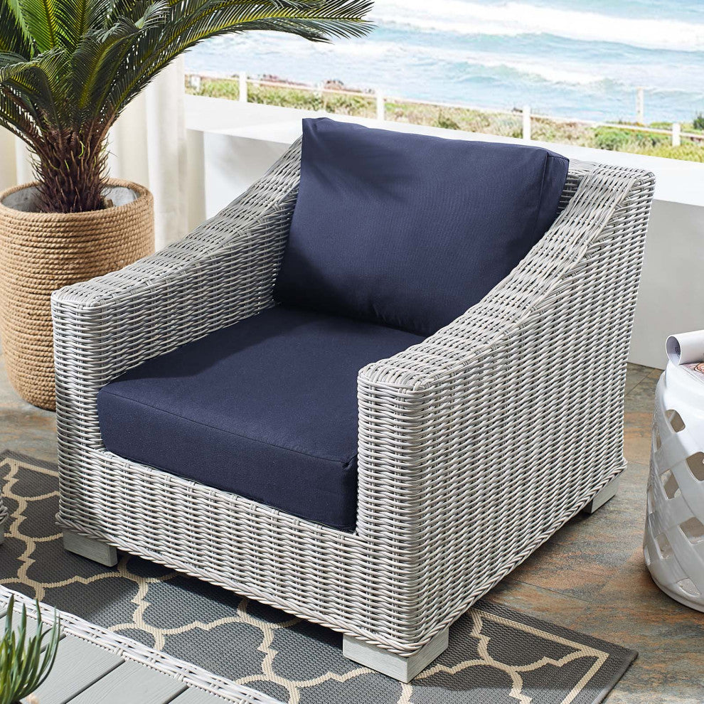 Lounge Chair Armchair, Sunbrella, Rattan, Wicker, Gray Blue Navy, Outdoor