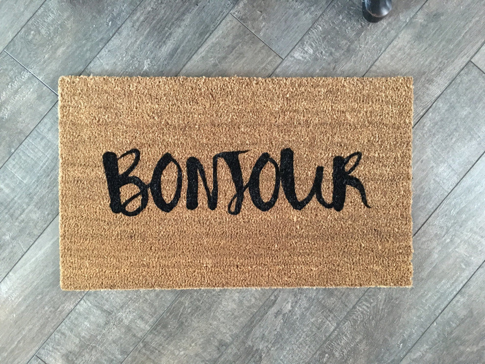 Hand Painted "Bonjour" Welcome Mat, Amazon Dark Green