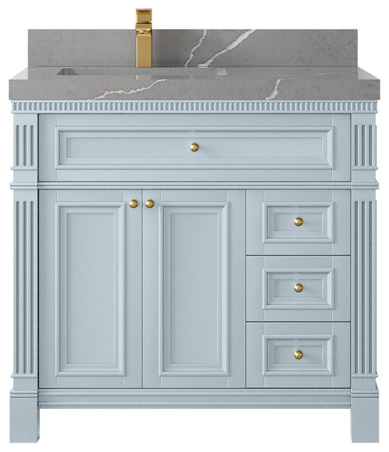 Paris 36" Left Offset Bathroom Vanity, Blue Heather 2" Piatra Gray