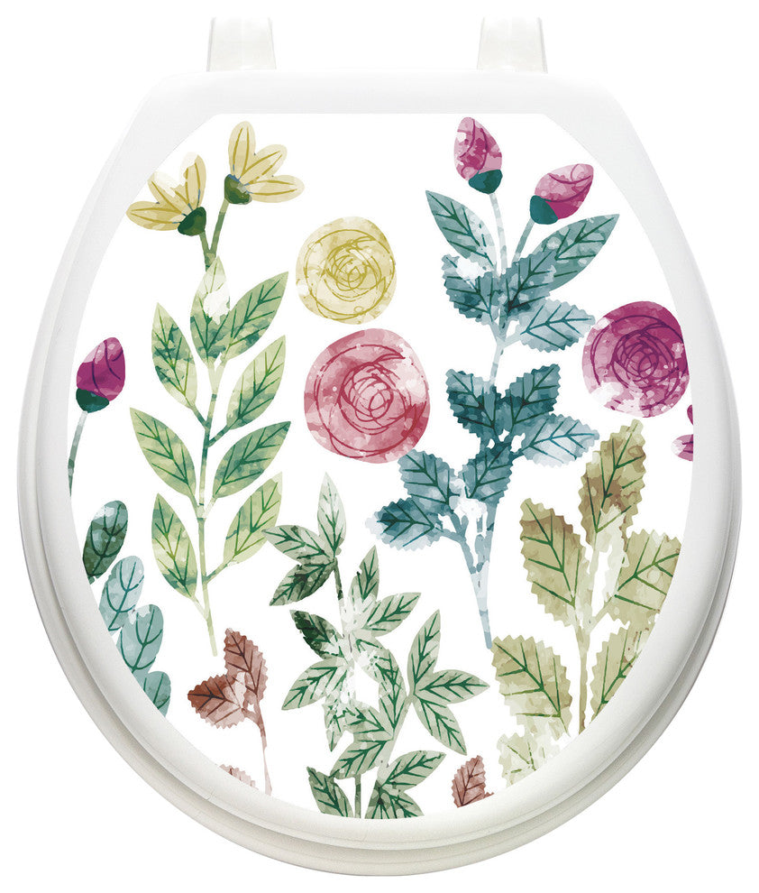 Boho Floral Toilet Tattoos Seat Cover, Vinyl Lid Decal, Bathroom Decor, Round
