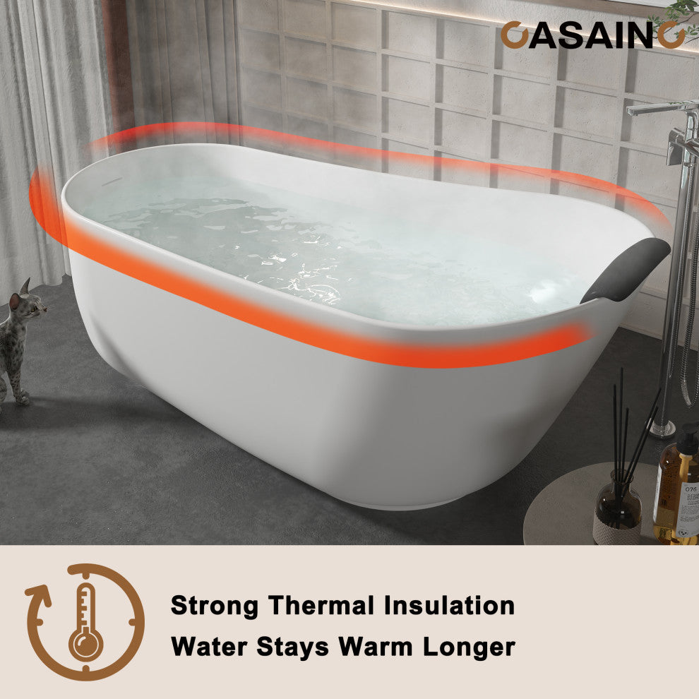 59in White Solid Surface Freestanding Soaking Bathtub with Drain, 59in