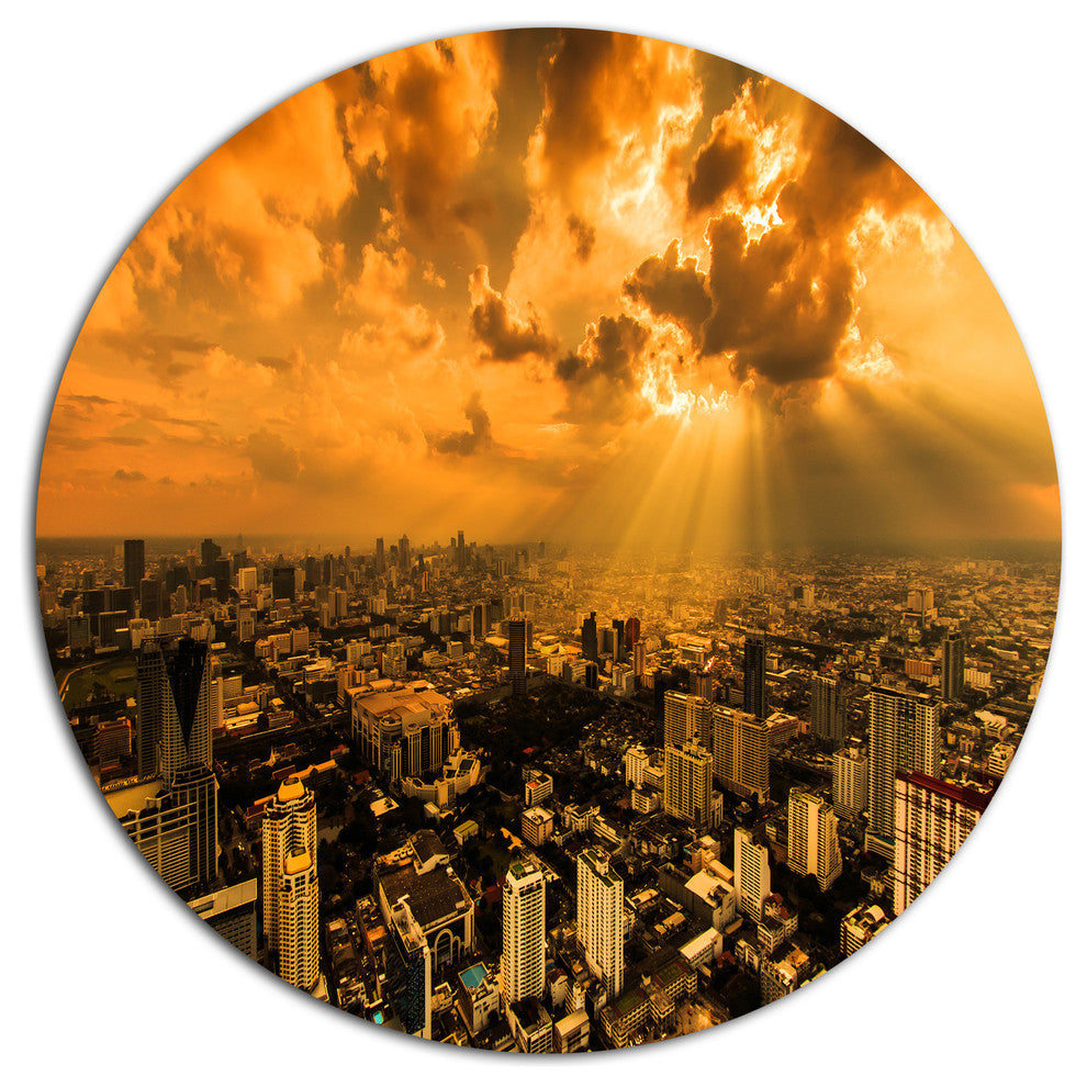 Light Shining Through Dark Clouds, Cityscape Round Metal Wall Art, 36"