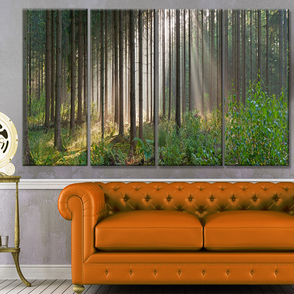 Green Forest in Mist Panorama, Landscape Canvas Art Print, 48"x28", 4 Panels