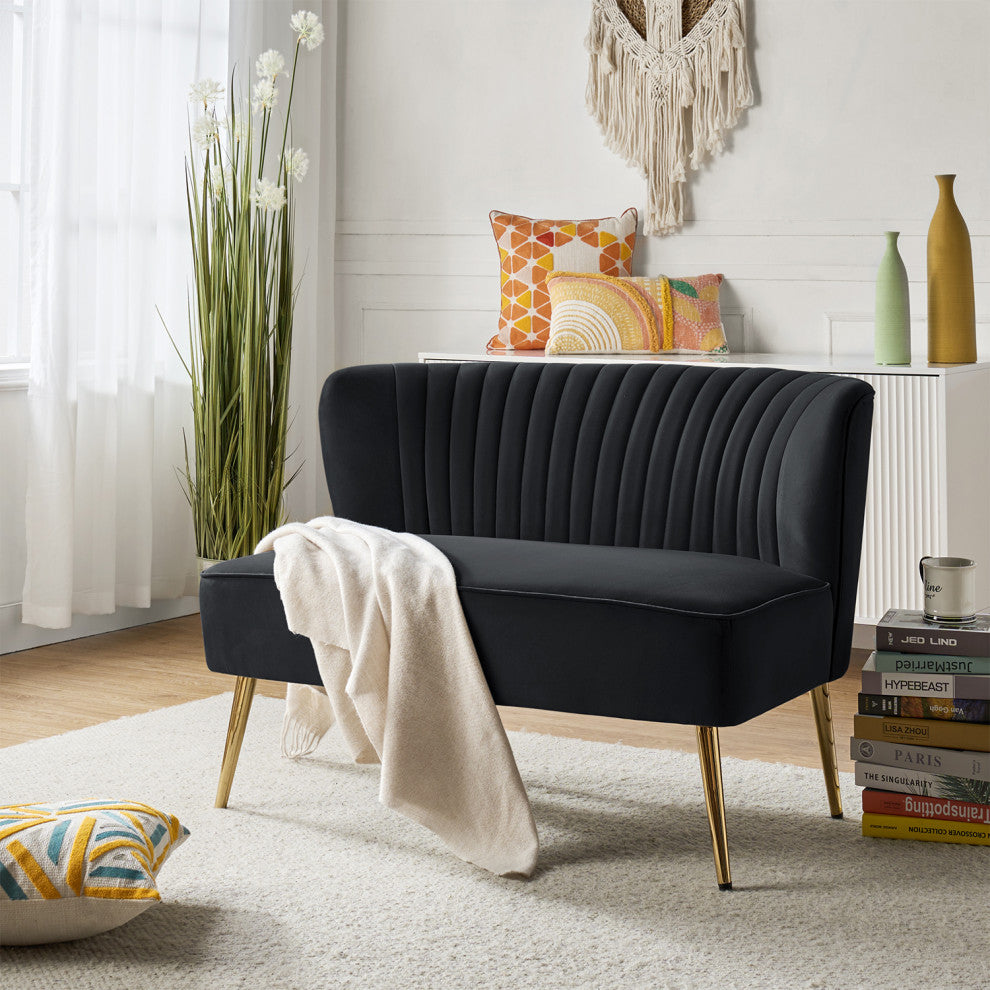 Velvet Tufted Loveseat Sofa With Golden Base, Black