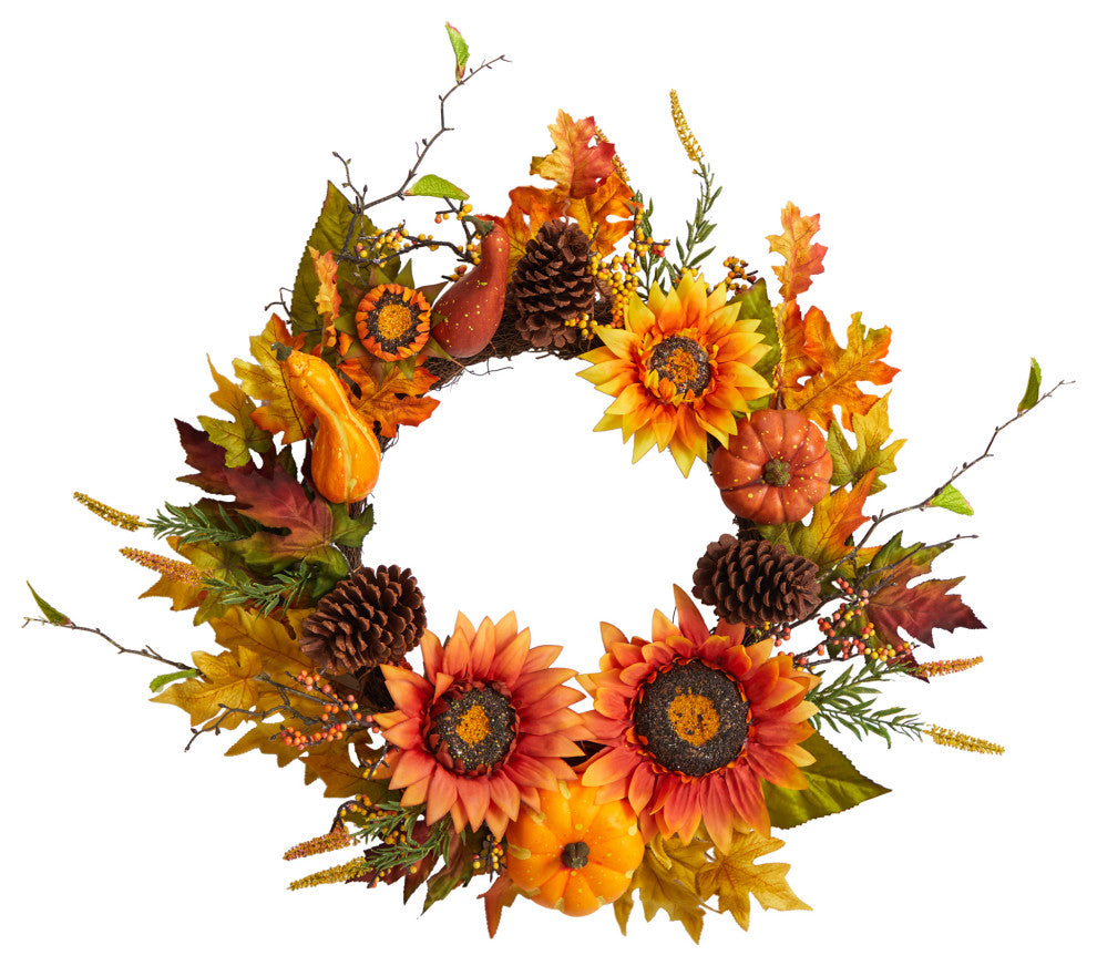 24" Fall Sunflower, Pumpkin, Gourds, Pinecone and Berries Autumn Faux Wreath