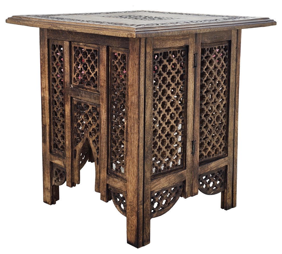 21" Boho End Table Floral Carved Foldable Panel Legs Walnut Brown