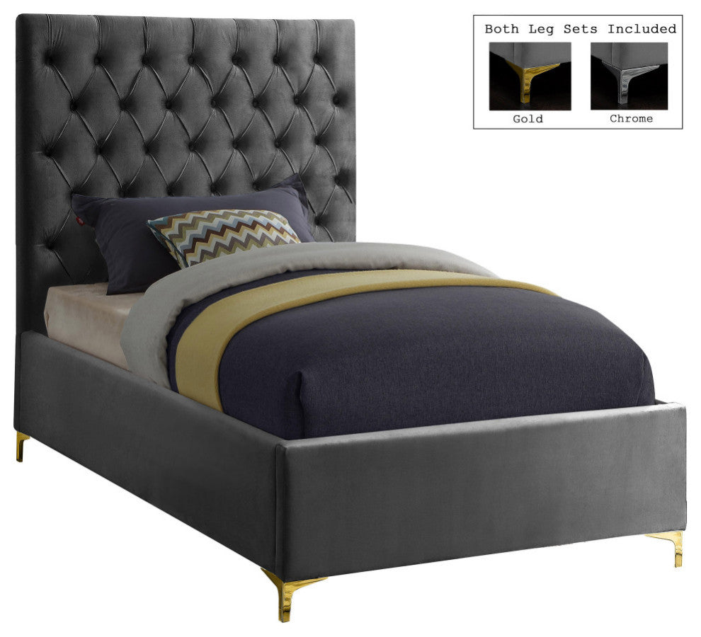 Cruz Velvet Upholstered Bed, Gray, Twin