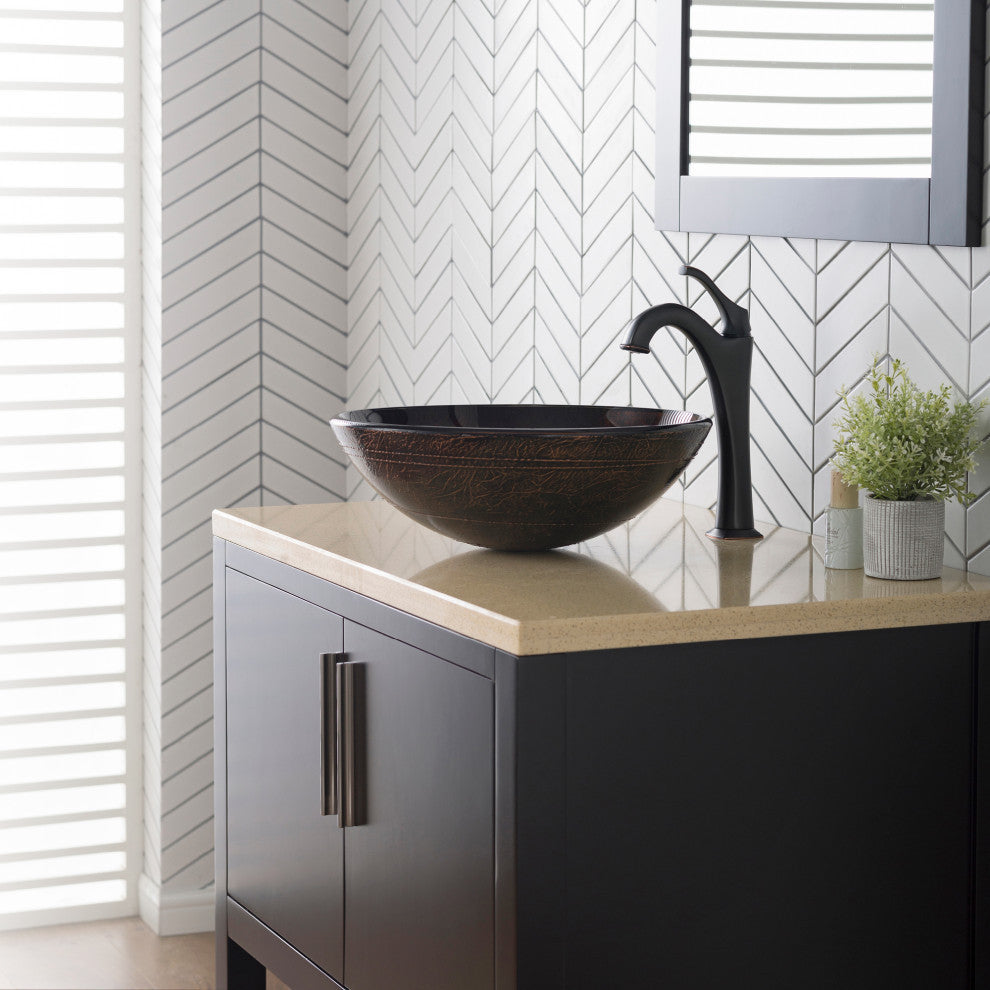 Glass Vessel Sink, Bathroom Arlo Faucet, PU Drain, Mounting Ring, Oil Rub Bronze