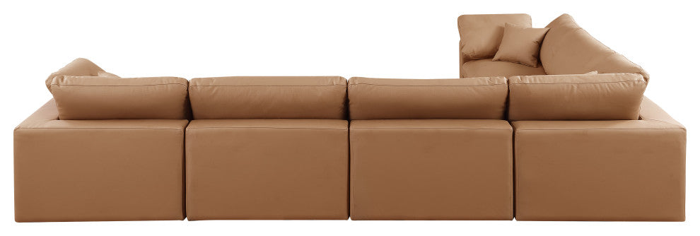 Comfy Upholstered L-Shaped Modular Sectional, Cognac, 6-Piece: 3 Armless Chair, 3 Corner Chair, Vegan Leather