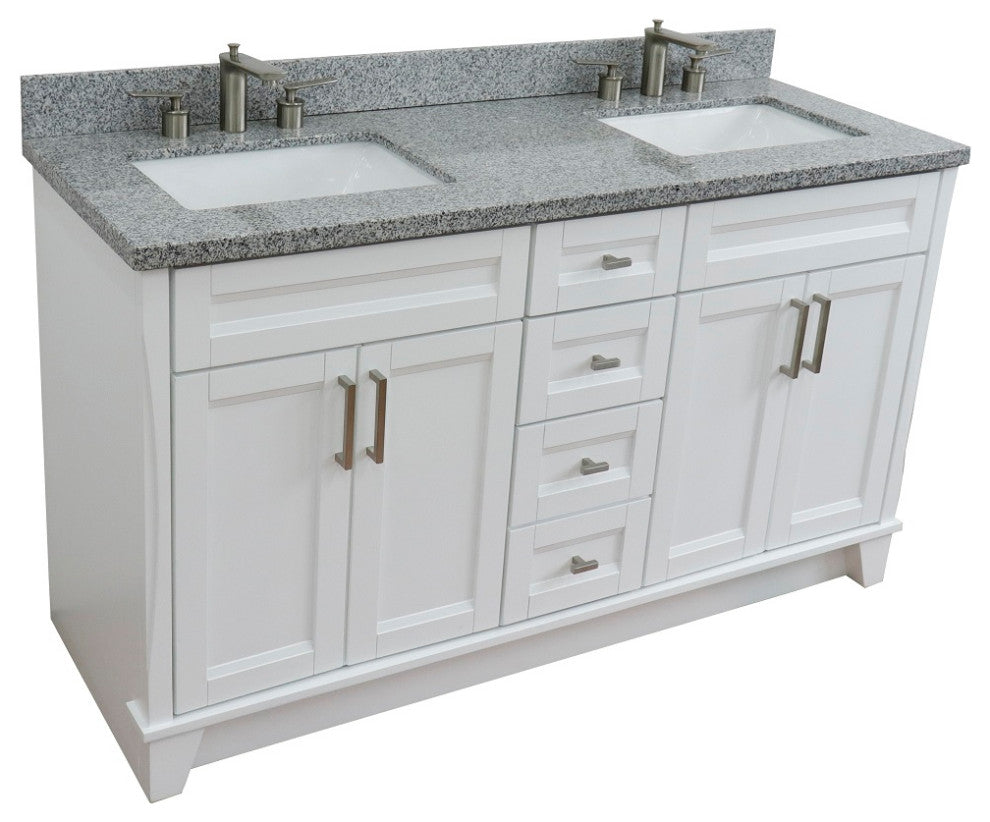 61" Double Sink Vanity, White Finish And Gray Granite And Rectangle Sink