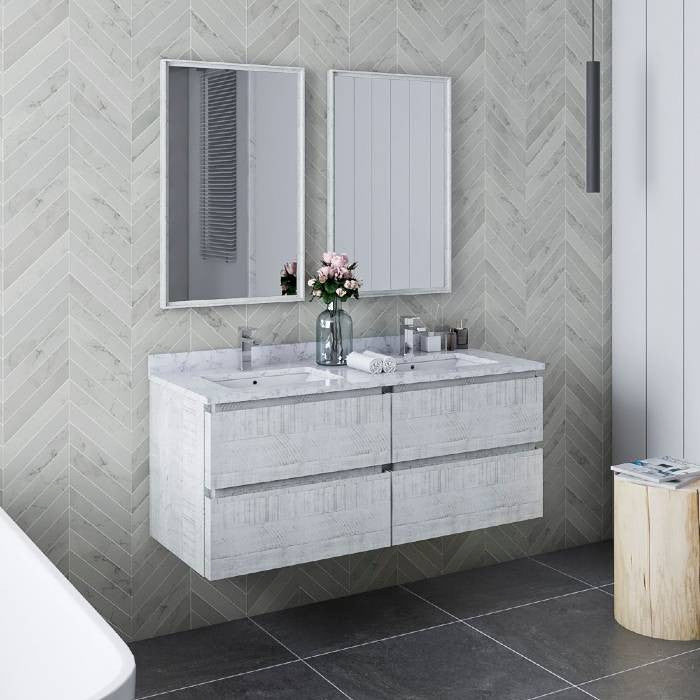Formosa Modern 48" Rustic White Wall Hung Double Sink Vanity Set, Faucet Fft3811