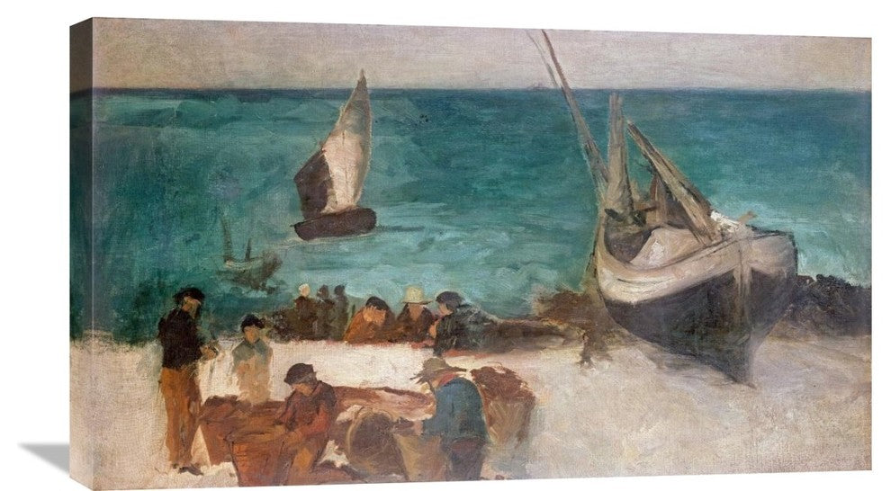 "Seascape at Berck; Fishing Boats and Fishermen" Artwork, 30" x 17"
