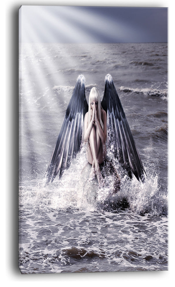 "Woman With Dark Angel Wings" Modern Beach Canvas Art Print, 20"x40"