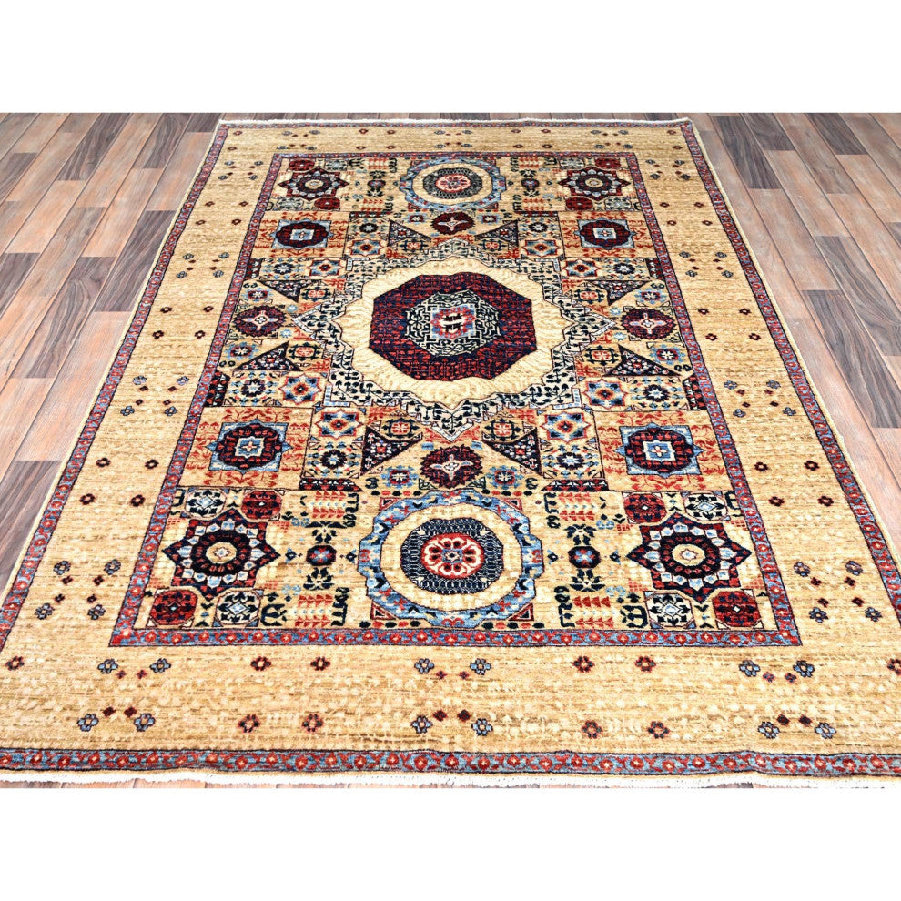 White, Mamluk Design, 100% Wool, Hand Knotted, Oriental Rug, 4'9"x7'1"