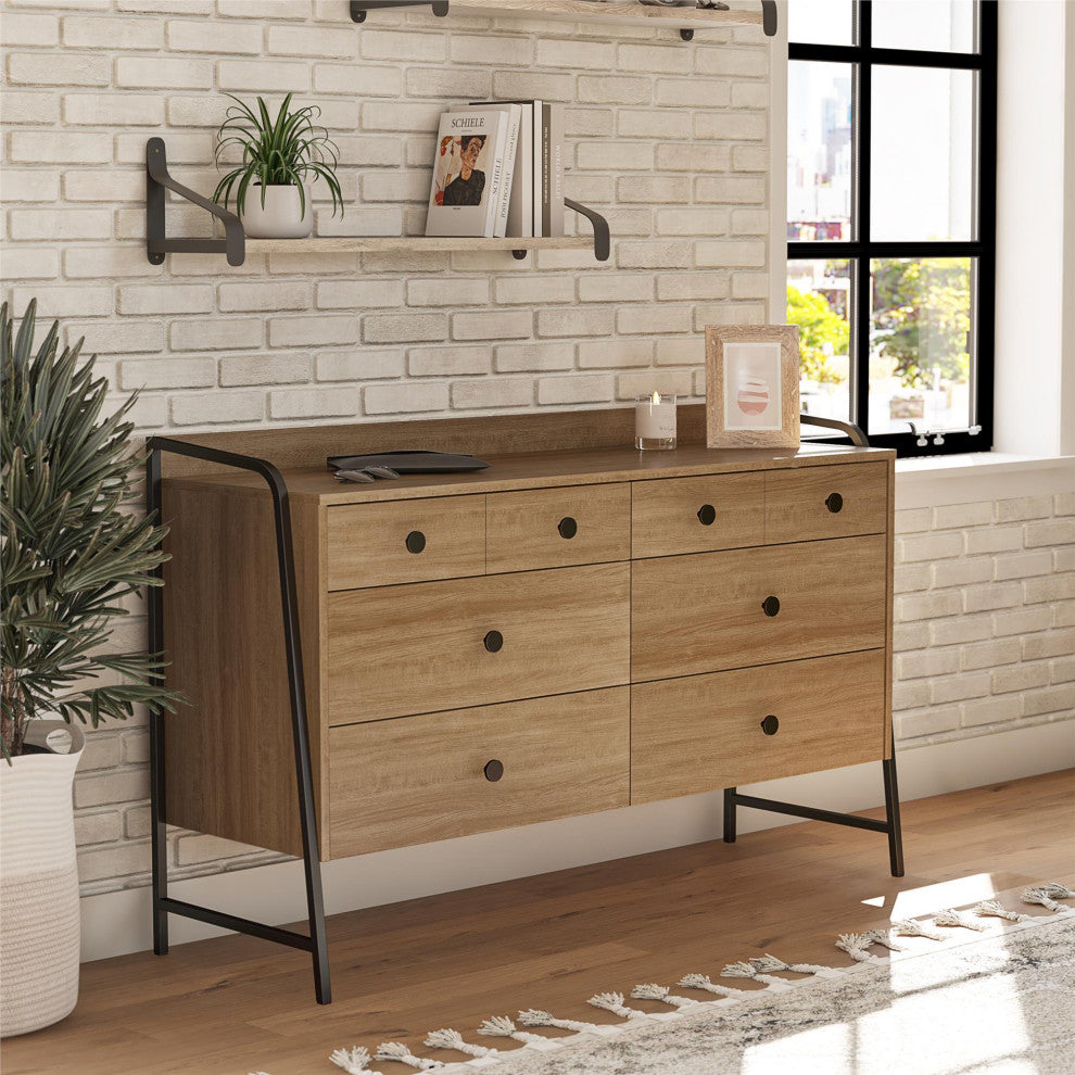 Rustic Dresser, Black Metal Legs With Large Top and Spacious Drawers, Natural