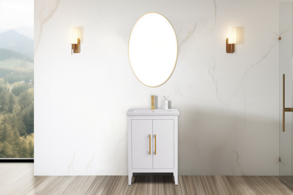 Vanity Art Bathroom Vanity With Sink, White, 24", Single Sink, Golden Brushed