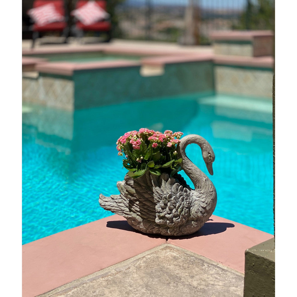 Urban Designs Swan Cast Stone Planter Garden Decor, Grey