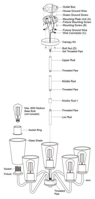 Beverly 5 Light Gold Muted Brass Chandelier Fixture Clear Glass Shade
