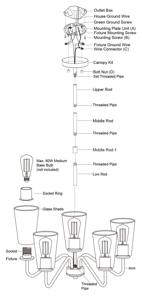 Beverly 5 Light Gold Muted Brass Chandelier Fixture Clear Glass Shade