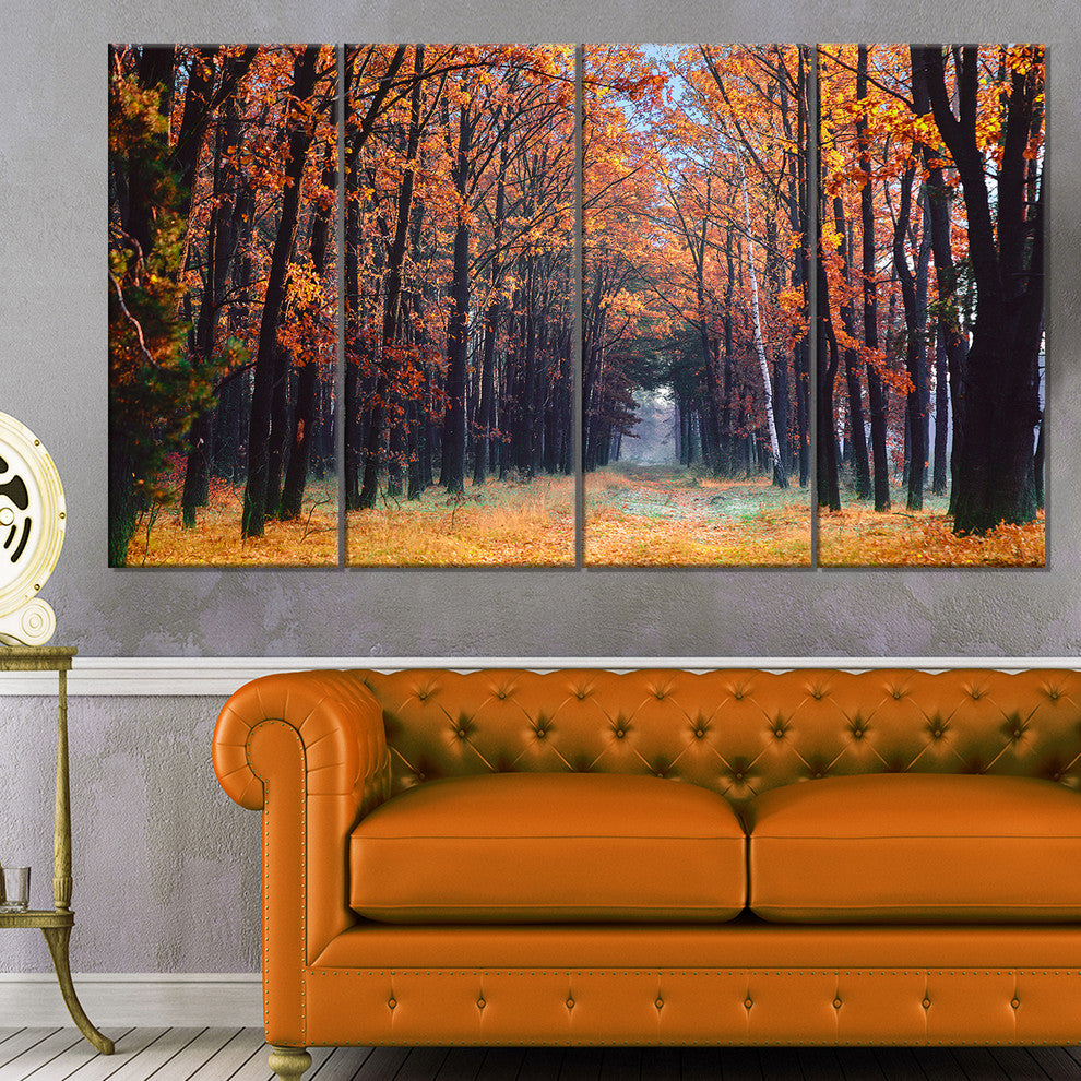 Alley in the Dense Autumn Forest, Forest Canvas Art Print, 48"x28", 4 Panels