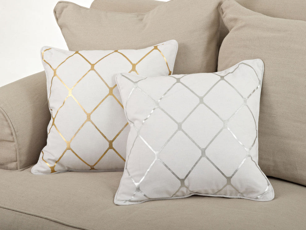 Metallic Diamond Design Throw Pillow With Down Filling, 18"x18", Silver
