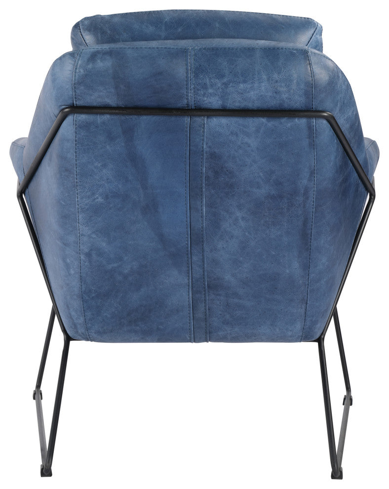 Modern Club Chair Blue Top Grain Leather Armchair for Living Room