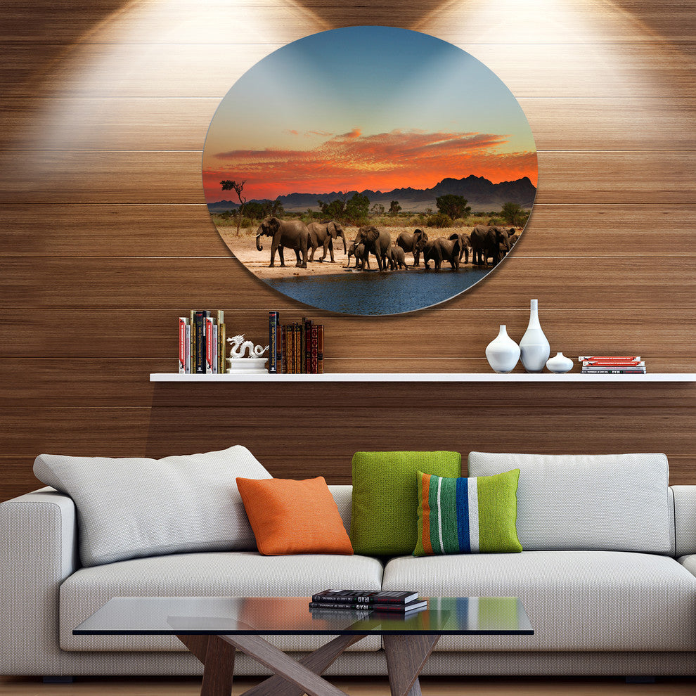 Herd Of Elephants Watering In Savanna, African Round Metal Artwork, 38"