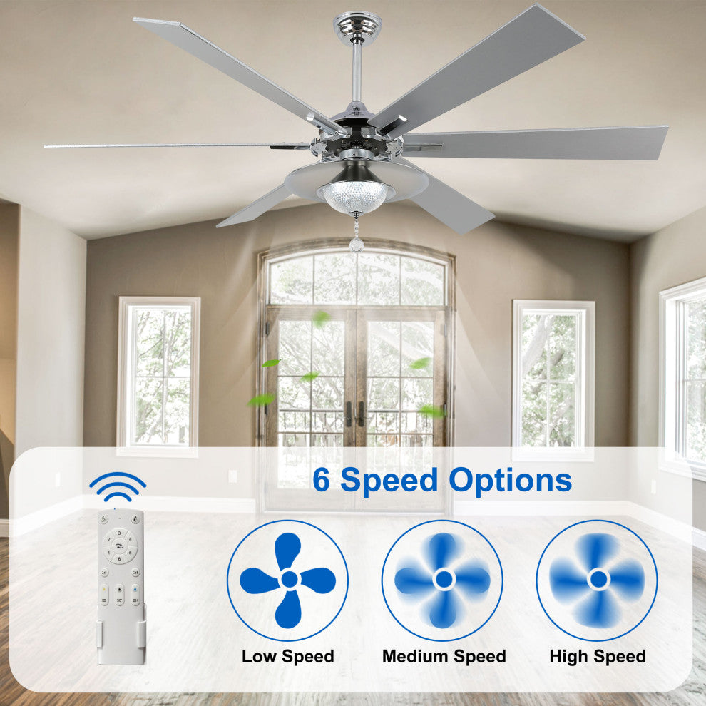 72" Antique Lagre Ceiling Fan, Wood Blades and LED Lights Kit w Crystal Shade, White