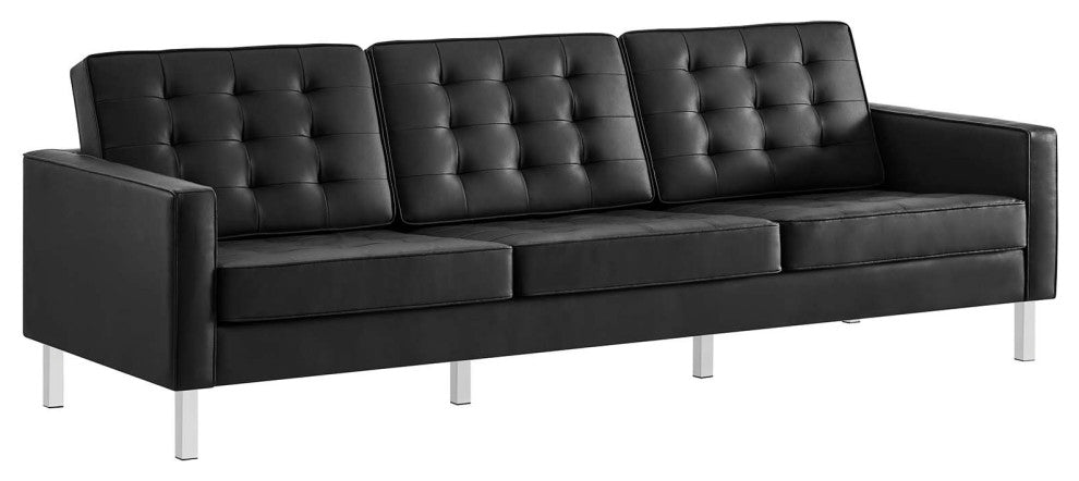Loft Tufted Vegan Leather Sofa and Ottoman Set, Silver Black