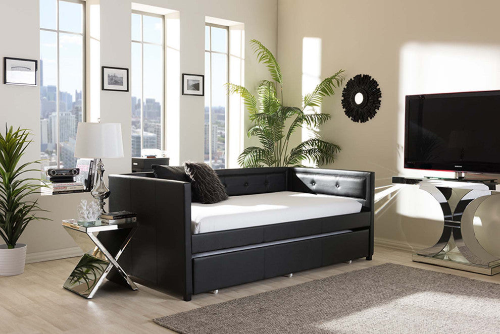 Marlee Faux Leather Button-Tufting Sofa Twin Daybed With Trundle Bed, Black